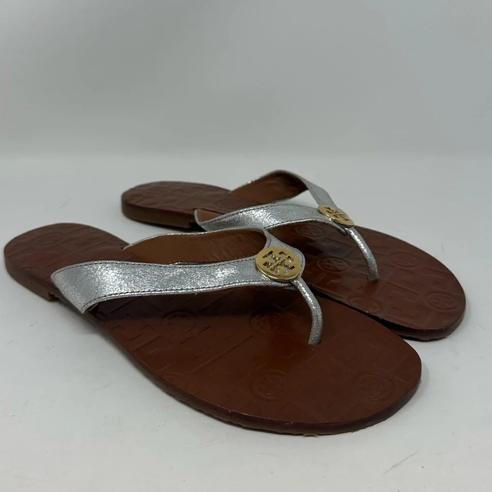 Tory Burch Silver Leather Flip Flop Sandals with Brown Footbed